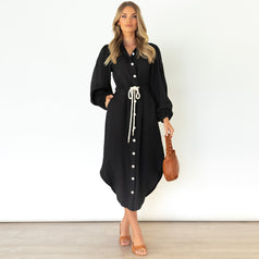 Long-Sleeved British Temperament Shirt Dress Mid-Length Tie Waist Dress