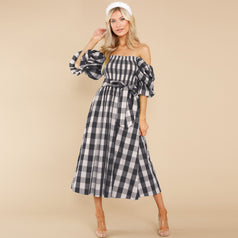 Summer Slim-Fit Off-the-Shoulder Plaid Print Beach Dress
