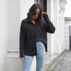 Cotton-Containing Large Cuffs Long-Sleeved Mid-Length Shirt Women's Loose Shirt
