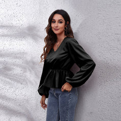 Lantern Sleeve Chiffon Shirt Solid Color V-Neck Long-Sleeved Women's Top