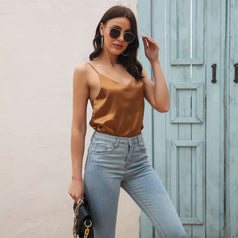 Satin Imitation Silk V-Neck Camisole Women's Outerwear Halter Top