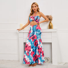 Sexy Bohemian Printed Dress with Cable Hanging Neck Top+Wrapped Hip Fishtail Skirt