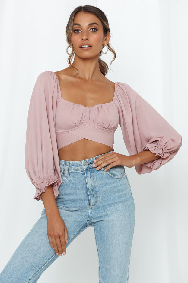 Spring Fashion Sexy Versatile Square-Neck Slim-Fitting Lantern-Sleeve Crop Top for Women