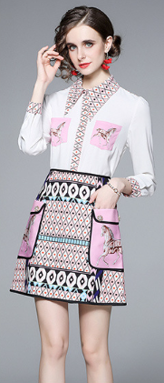 Women's printed long sleeved shirt and short skirt two-piece set