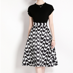 Women's Knitted Short Sleeved Top and Water Wave Pattern Waistband Skirt