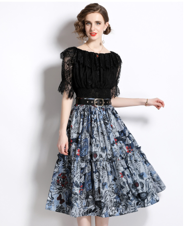 Women's one line collar lace top+printed skirt two-piece set