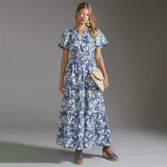 French Floral Print V-Neck Short Sleeve with Pockets for Women Long Dresses