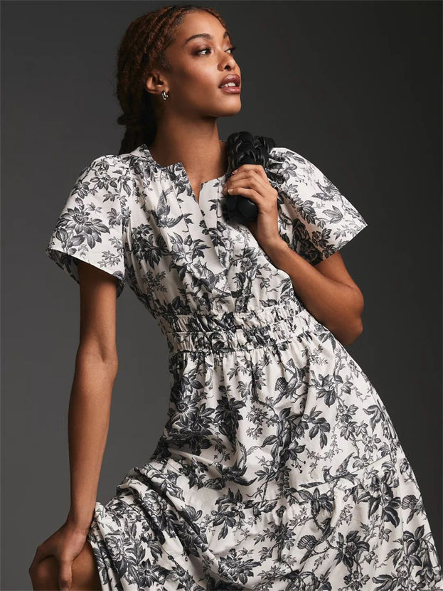 French Floral Print V-Neck Short Sleeve with Pockets for Women Long Dresses