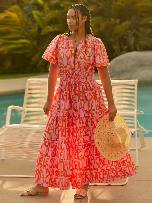 French Floral Print V-Neck Short Sleeve with Pockets for Women Long Dresses