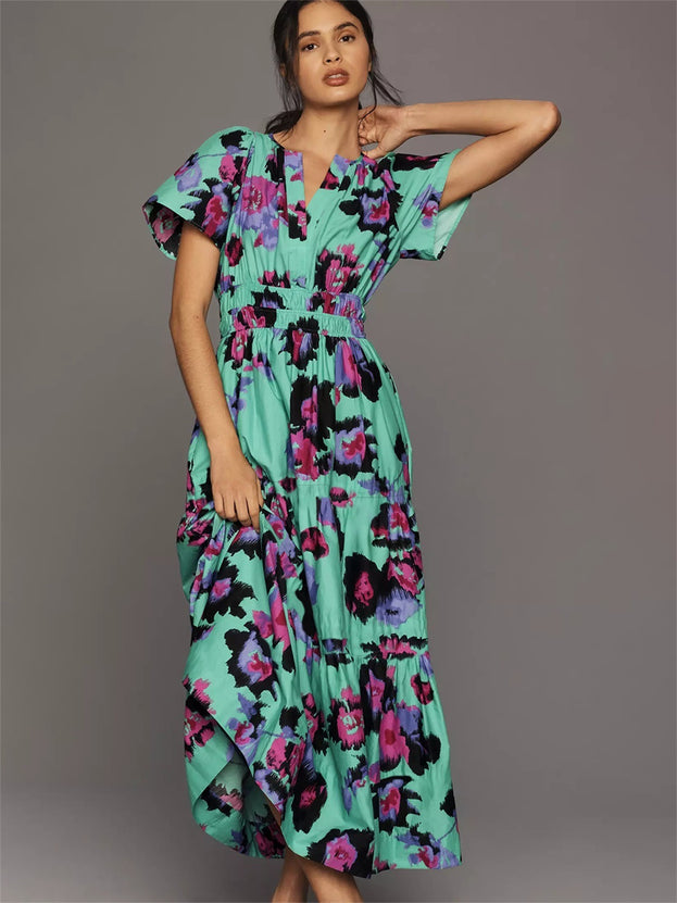 French Floral Print V-Neck Short Sleeve with Pockets for Women Long Dresses