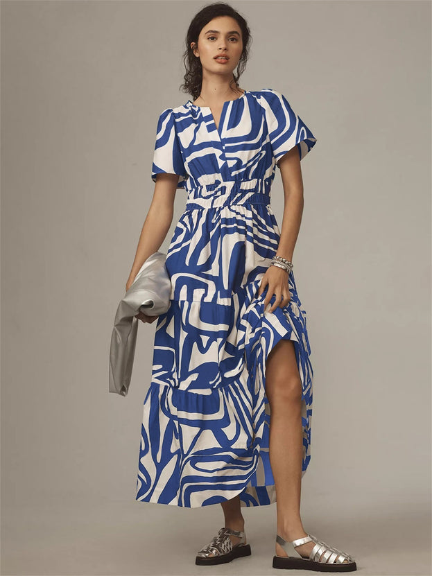 French Floral Print V-Neck Short Sleeve with Pockets for Women Long Dresses