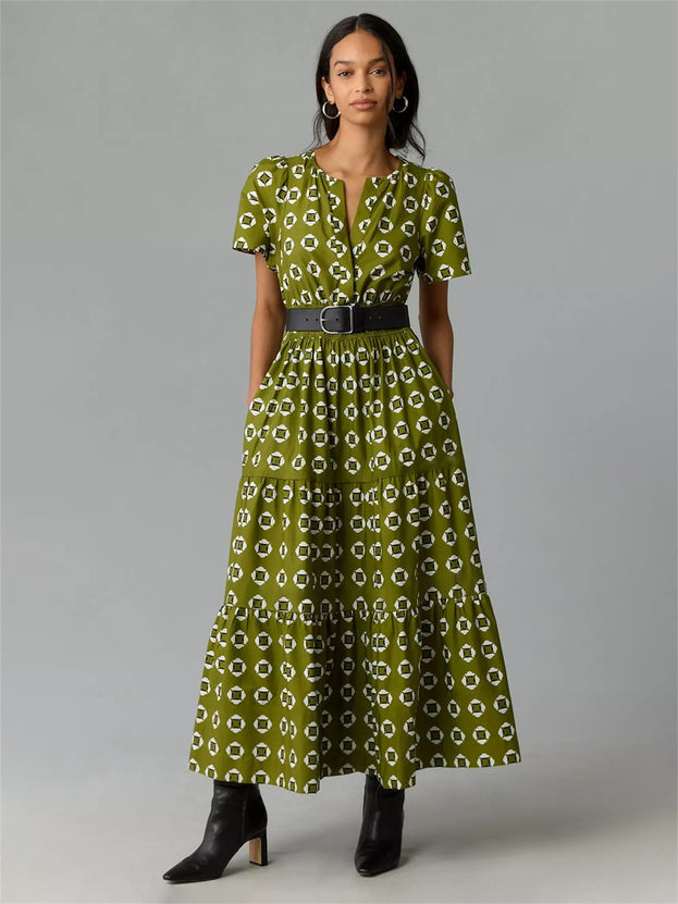 French Floral Print V-Neck Short Sleeve with Pockets for Women Long Dresses