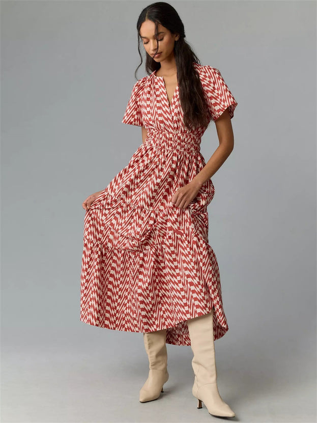 French Floral Print V-Neck Short Sleeve with Pockets for Women Long Dresses