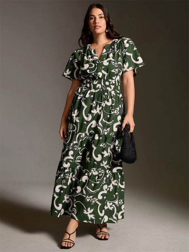 French Floral Print V-Neck Short Sleeve with Pockets for Women Long Dresses
