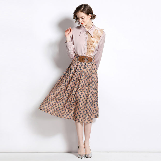Vintage Lapel Long sleeved shirt and mid length skirt