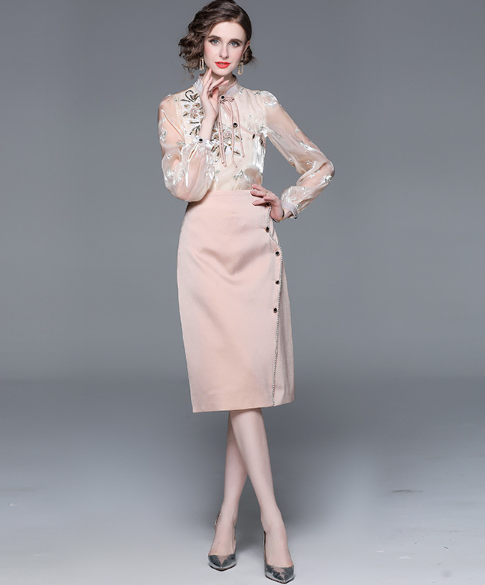 French Style Slim Fit and Slim Fashion  Women's Blouse and Skirt Set