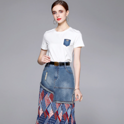 Women's Round Neck T-Shirt and Stylish and Stylish Patchwork Denim Skirt Two-Piece Set