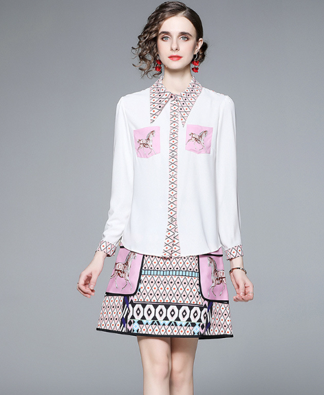 Women's printed long sleeved shirt and short skirt two-piece set