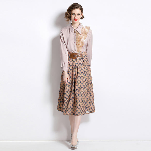 Vintage Lapel Long sleeved shirt and mid length skirt