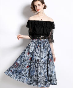 Women's one line collar lace top+printed skirt two-piece set
