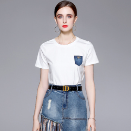 Women's Round Neck T-Shirt and Stylish and Stylish Patchwork Denim Skirt Two-Piece Set