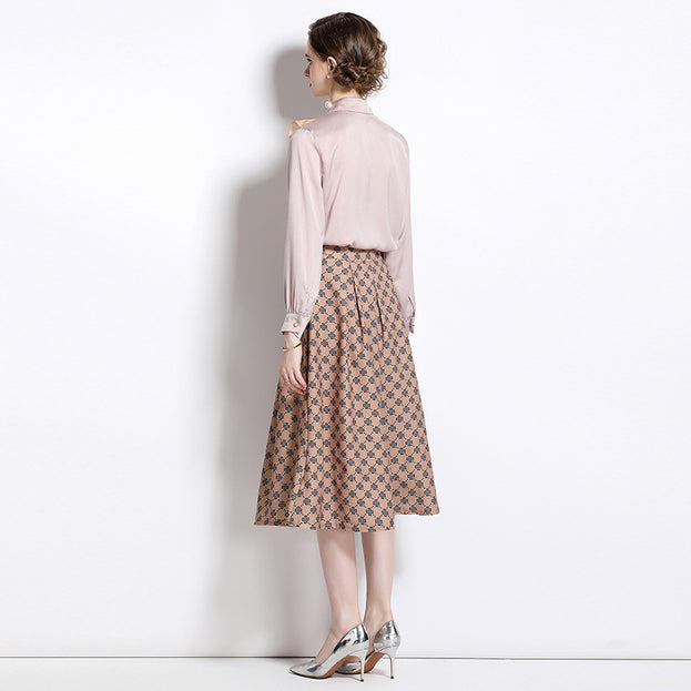 Vintage Lapel Long sleeved shirt and mid length skirt