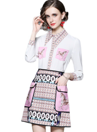 Women's printed long sleeved shirt and short skirt two-piece set