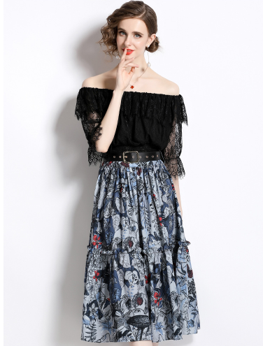 Women's one line collar lace top+printed skirt two-piece set