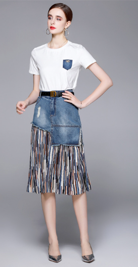 Women's Round Neck T-Shirt and Stylish and Stylish Patchwork Denim Skirt Two-Piece Set
