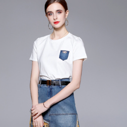 Women's Round Neck T-Shirt and Stylish and Stylish Patchwork Denim Skirt Two-Piece Set