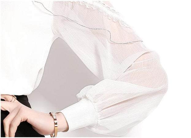 Ruffled Stitching Lantern Sleeves Hollowed Out Crew Neck Knitted to Show Thin Top and Black Shorts
