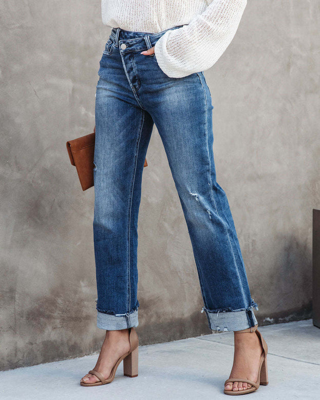 Summer Fashion Casual Versatile Washed Straight Denim Pant for Women