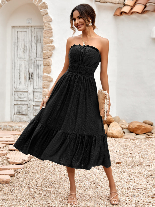 Summer Sweet Casual Waisted Pleated A-Line Strapless Dress for Women