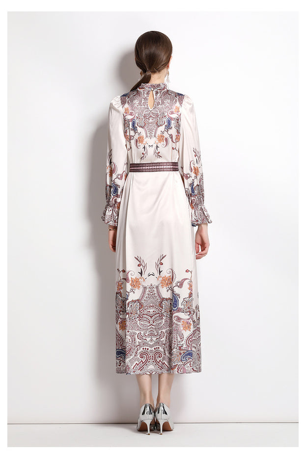 Satin Antique Print Stand Collar Flared Sleeves Lace-Up Waist Pulled into Long Skirt