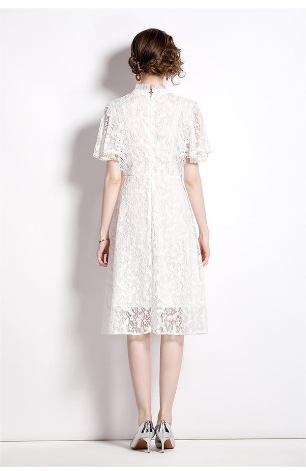 Retro Temperament Slimming Short-Sleeved MIDI Dress White Lace Dress