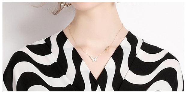 V-Neck Short Sleeve Waist Slimming Large Skirt Black and White Striped Dress