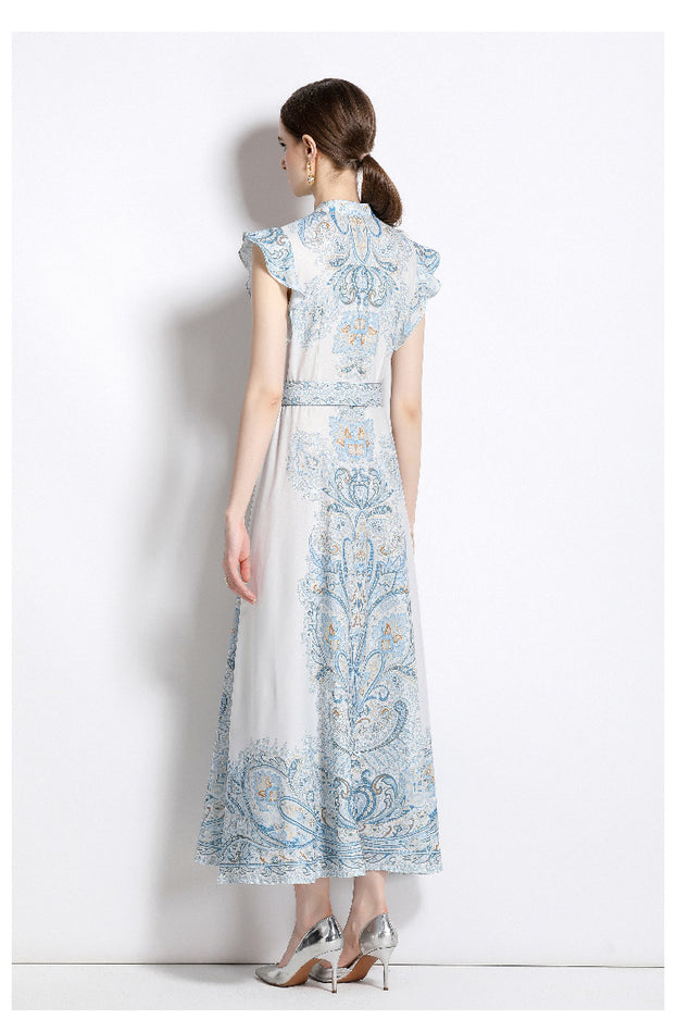 Vintage Fashion Print Dress Single Breasted Large Swing A-Line Skirt