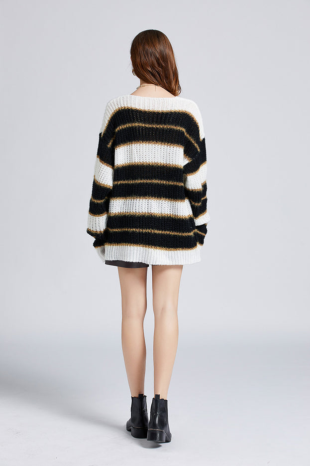 Striped Loose Slimming Color Pullover Sweater Crewneck Long-Sleeved Sweater