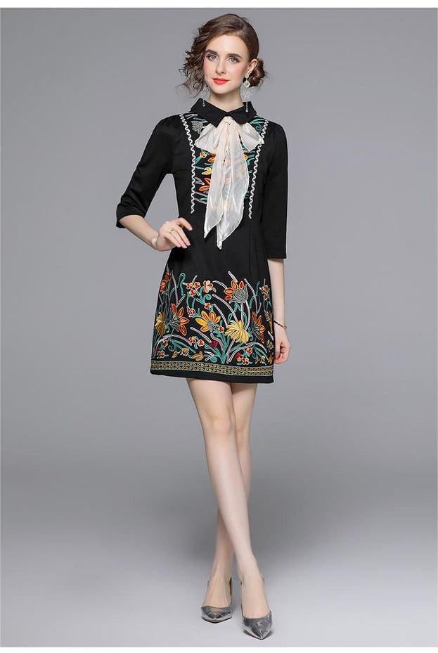 Women's Dress Temperament Retro Embroidery Flower Bow Slim Slimming Skirt Dress