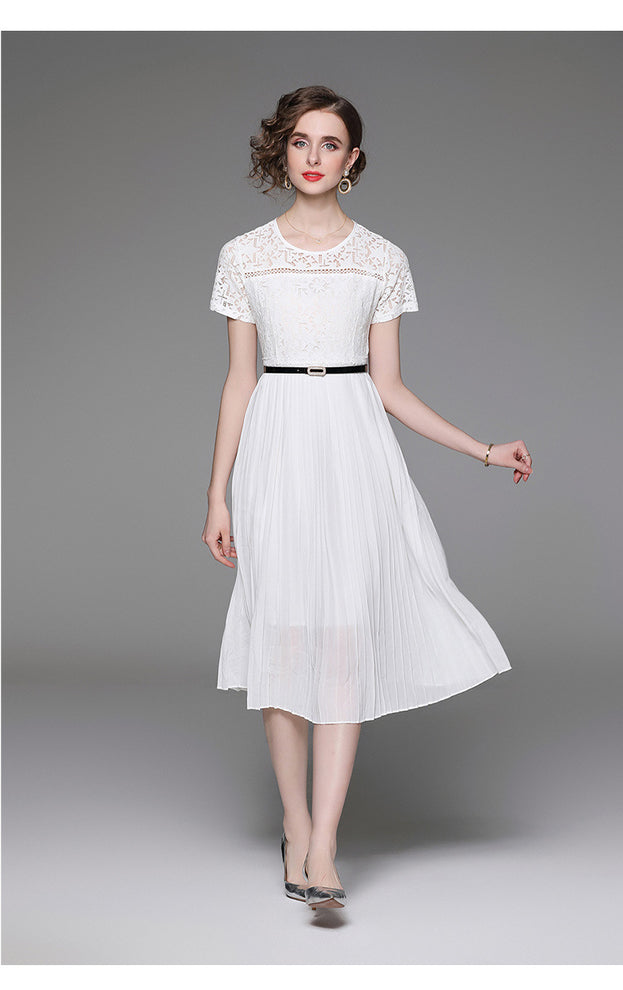 Elegant Crewneck Short Sleeve Lace Patchwork Pleated Dress