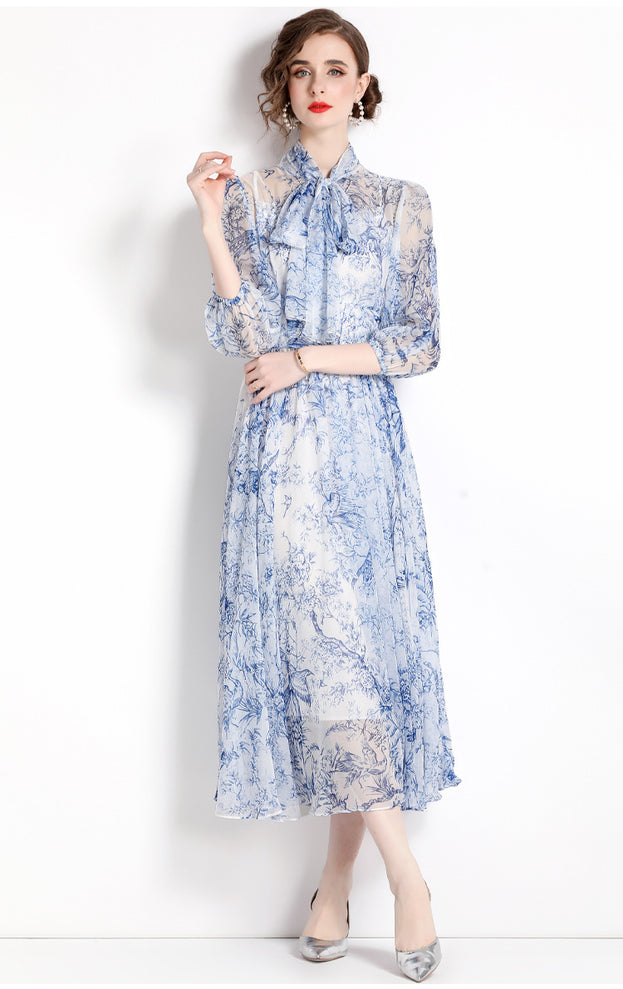 Lace-Up Print Long-Length Holiday Dress with Five-Point Sleeves