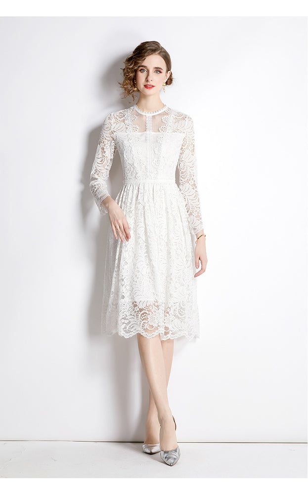 Lace Slim Lace Dress Temperament Show Thin Long Sleeve A-Line MIDI Skirt
