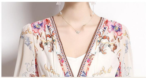 Temperament V-Neck Vintage Print Long-Sleeved Full-Length Dress with Waist Tucked in