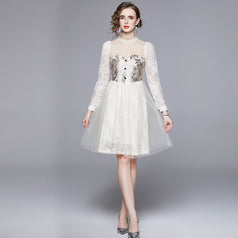Long-Sleeved Slim Temperament Elegant Retro Court Style Jacquard Dress
