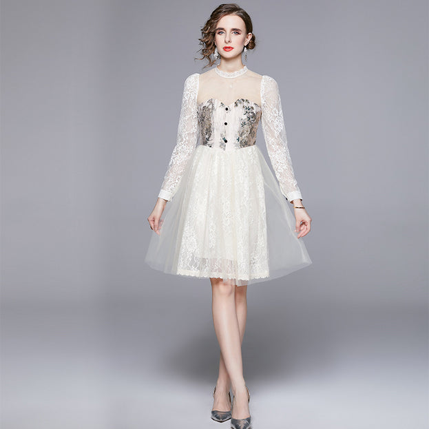 Long-Sleeved Slim Temperament Elegant Retro Court Style Jacquard Dress