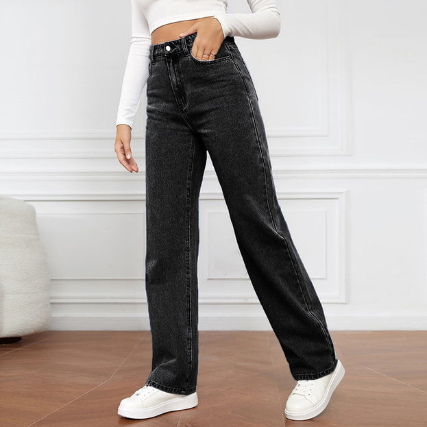 Summer Fashion Casual Loose Hight-Waist Washed Straight Denim Pant for Women