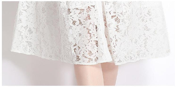 Long-Sleeved Lace Hem Pressed Pleated Metal Buckle Decoration Hollowed Out Mid-Length Dress