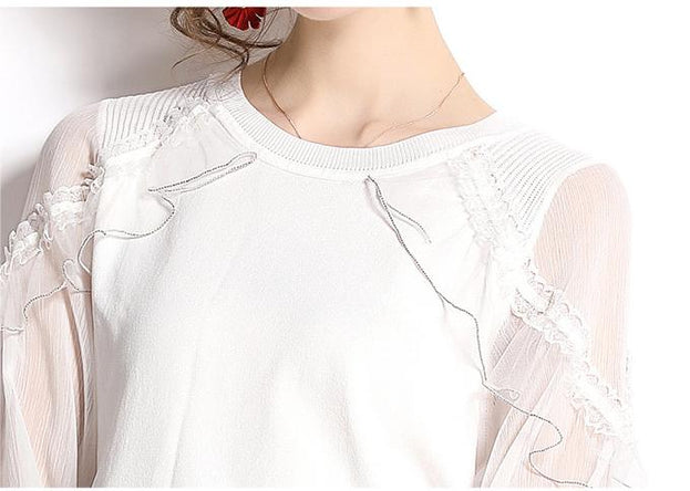 Ruffled Stitching Lantern Sleeves Hollowed Out Crew Neck Knitted to Show Thin Top and Black Shorts