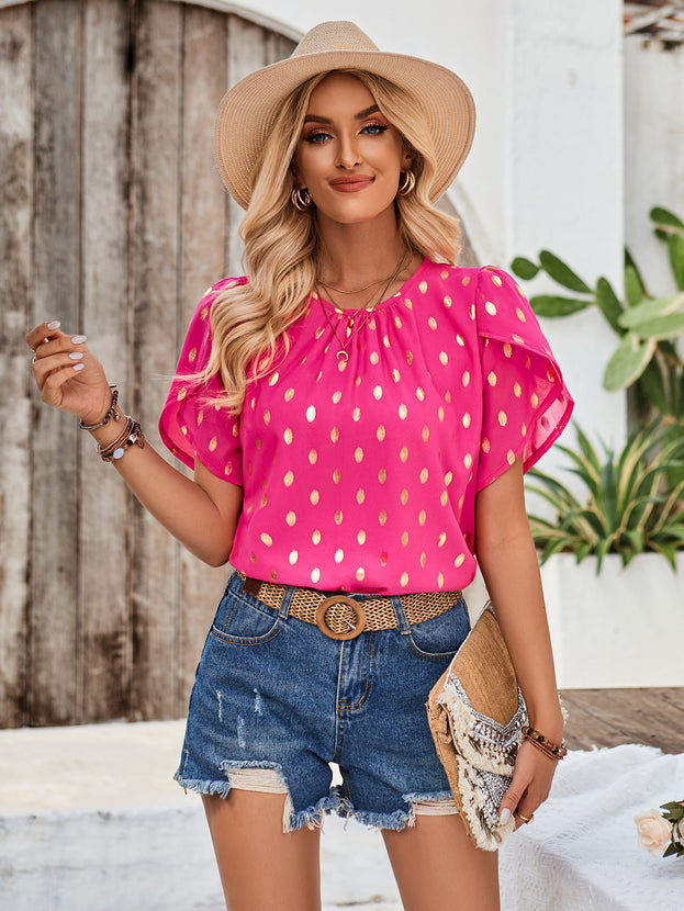Summer Round-Neck Casual Loose Polka Dots Short Sleeve Top for Women