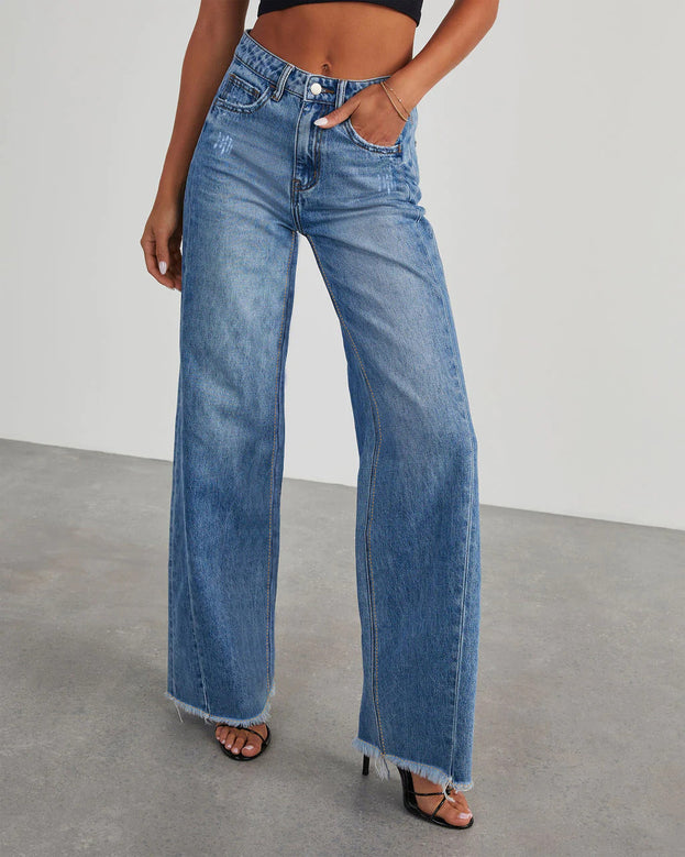 Summer Fashion Versatile Wide-Leg Washed Denim Pant with Frayed Edges for Women